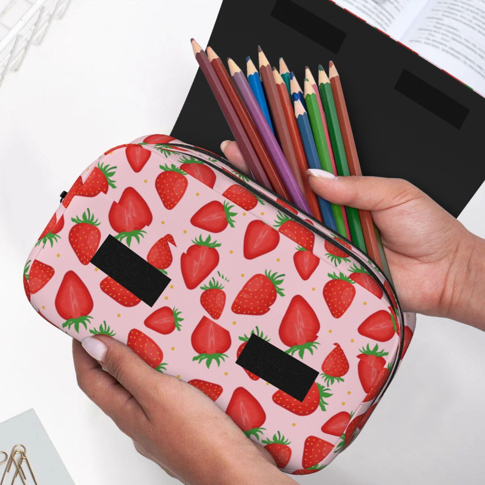 Rateoe Strawberries Pattern Double Clamshell Pen Case, Storage Organizer with Two Zipper Compartments– Holds Up to 50 Pencils & Pens
