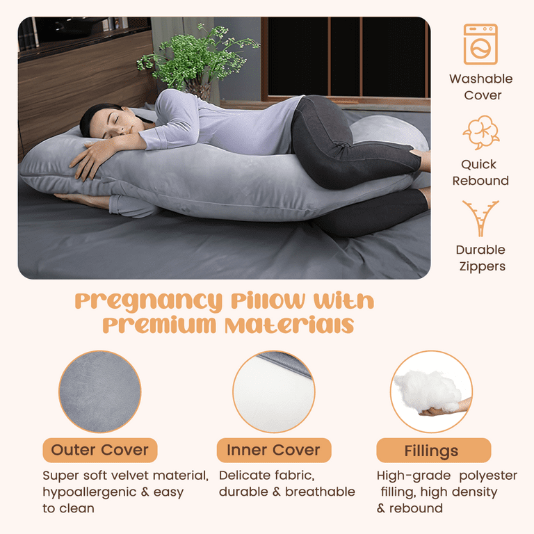 Pregnancy Pillows, C Shaped Full Body Pillow for Sleeping, 58 Inch Maternity Pillow with Velvet Cover for Side Sleeper, Gray