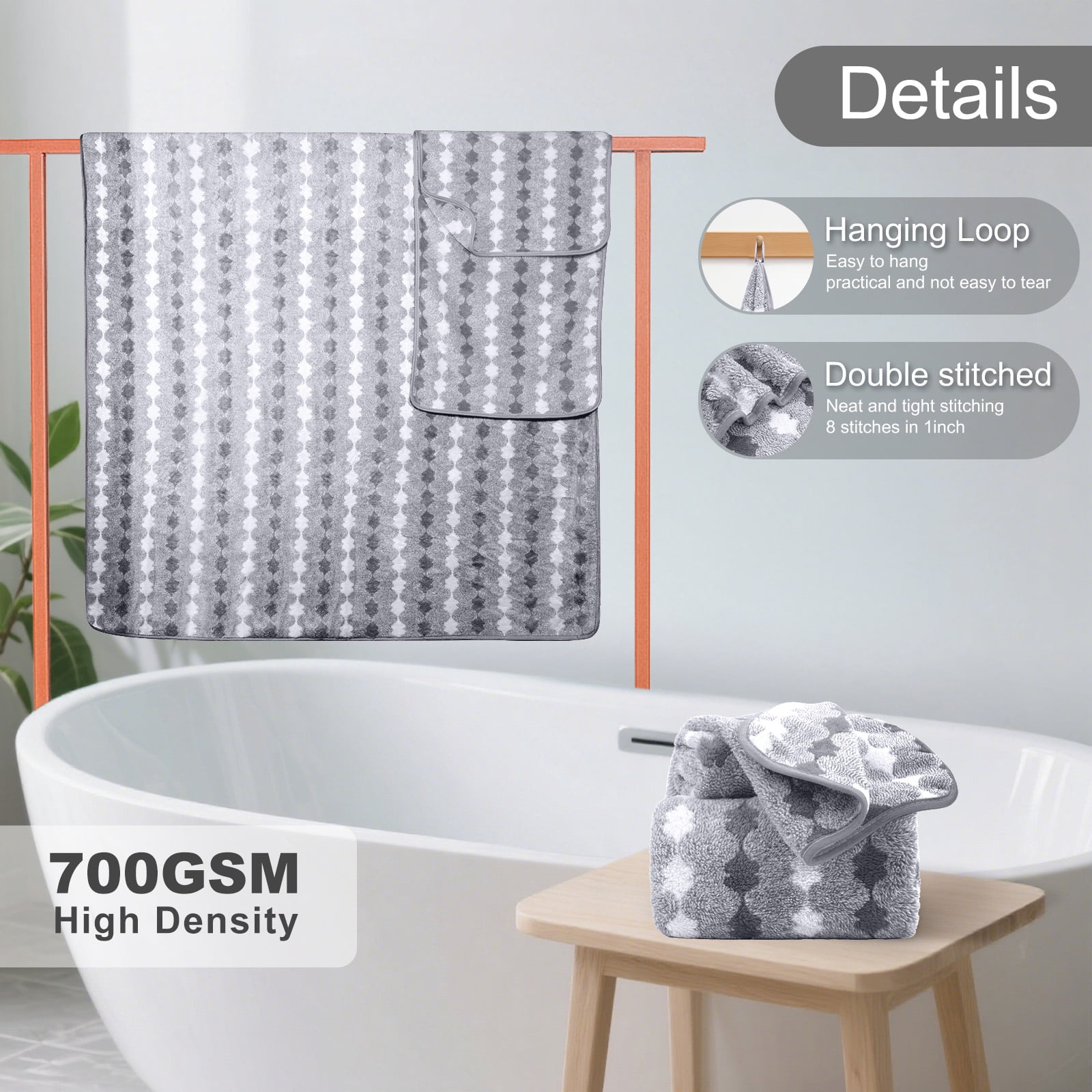 Sanmadrola Bath Towels Set of 8, 2 Bath Towels 2 Washcloths 4 Hand Towel -700 GSM High Absorbent Quick Dry Gray Bath Sheets for Bathroom,Gym,Hotel
