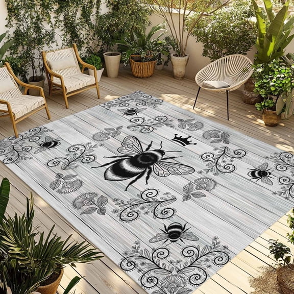 Vintage Bees Crowns Outdoor Rug 3x5 Ft - Reversible Patio Rug Outdoor Camping Rugs, Retro Leaves Rings Gray Wooden Washable Indoor Outdoor Area Rugs, Non-Slip Outdoor Carpet Runner for Deck/Porch