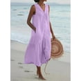 thumbnail image 3 of Robe d'Été Ample Décontractée Patchwork Coton Lin Poches Col en V Style Plage Robe Sans Manches Vintage Club Midi Unie Robe Femme, 3 of 5