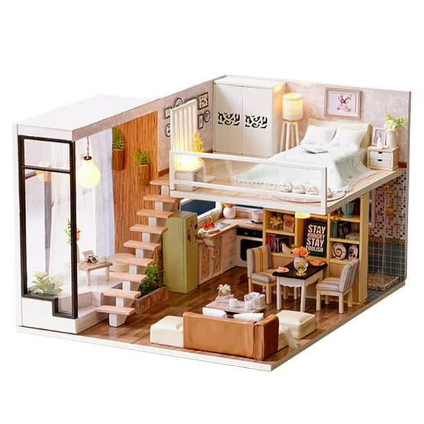 DIY Wooden Dollhouse w/ Furniture Modern Duplex Apartment Children  Christmas 