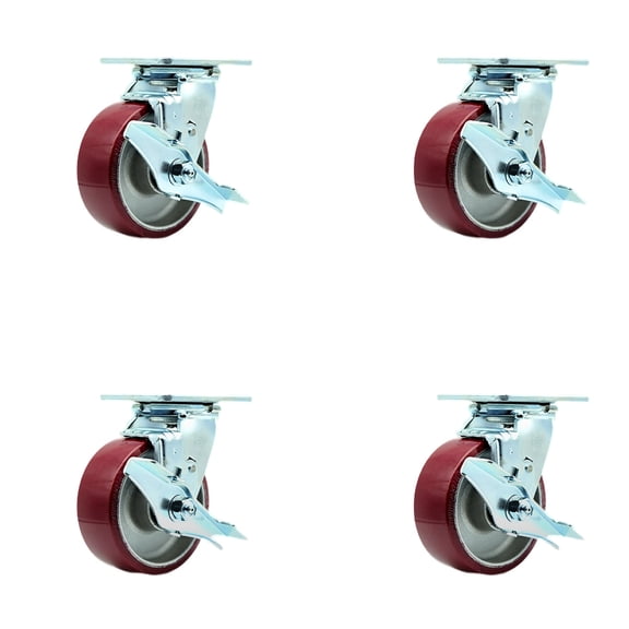 5 Inch SS Poly on Aluminum Swivel Caster Set with Delrin Bearings and Brakes SCC
