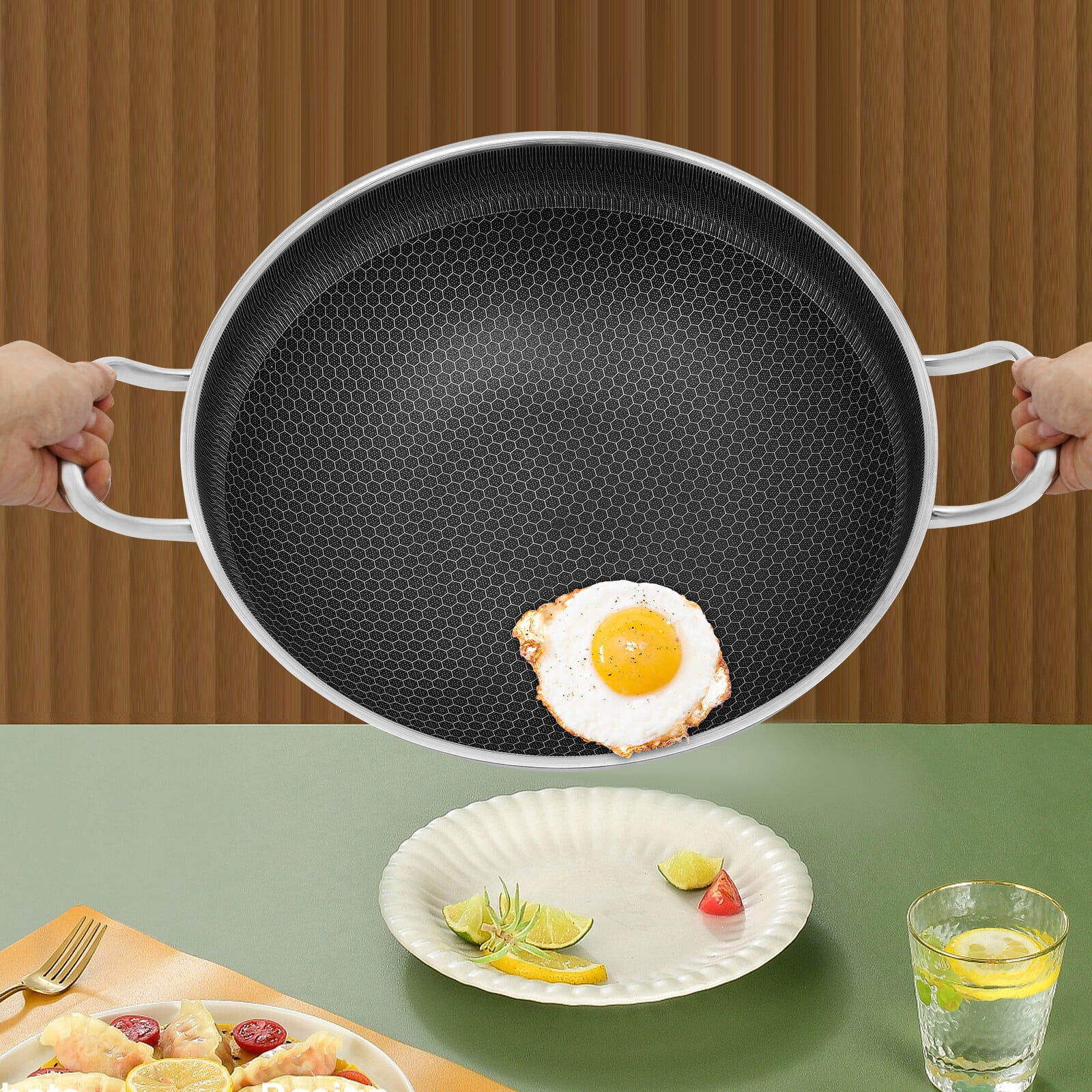 14inch Stainless Steel Frying Pot 2-Handle Non Stick Paella Pan Cooking Skillet with Lid
