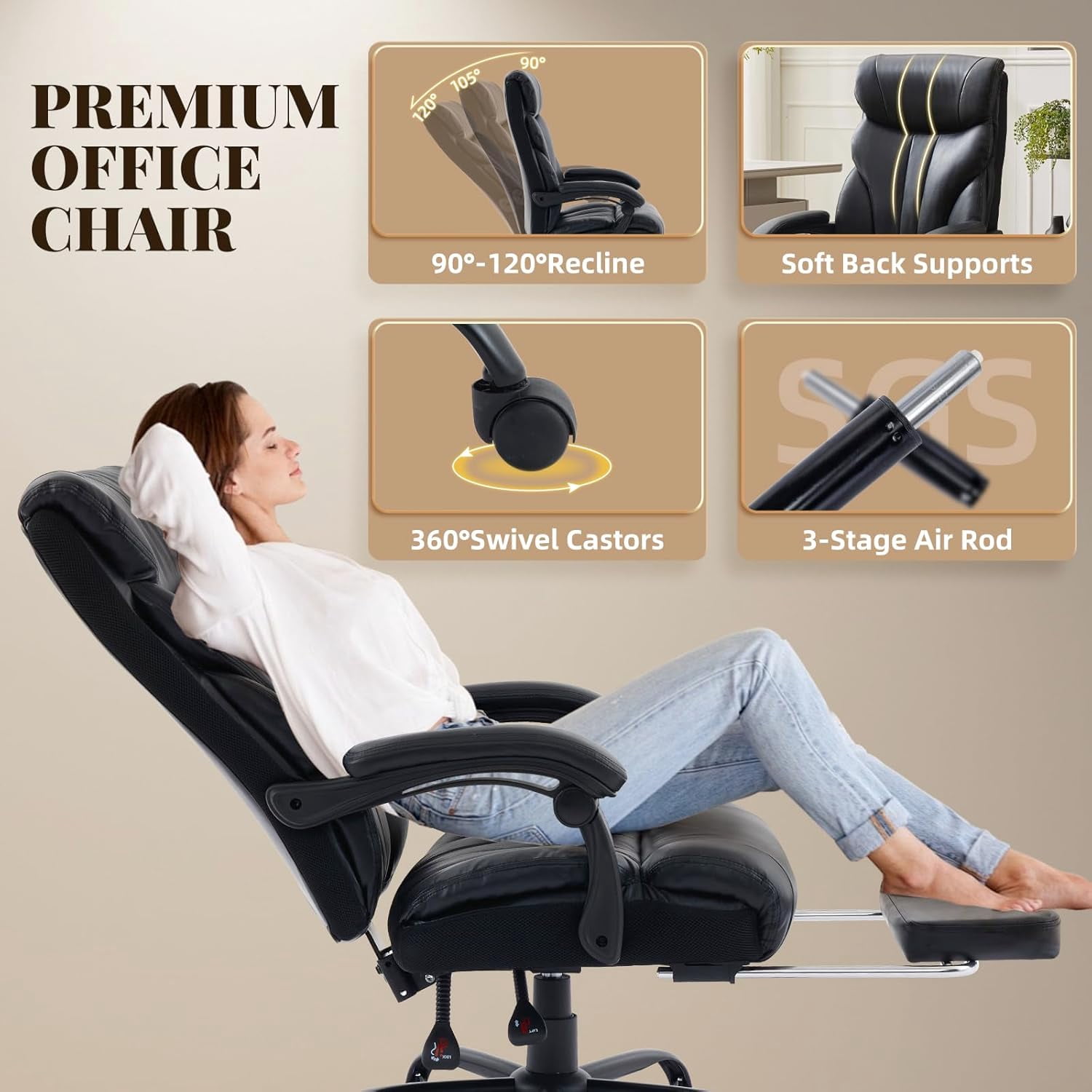 Ergonomic Executive Office Chair with High Back Support, Padded Armrests, Retractable Footrest, Wide Seat, and Heavy-Duty Swivel Base – Comfortable Computer Desk Chair for Home Office