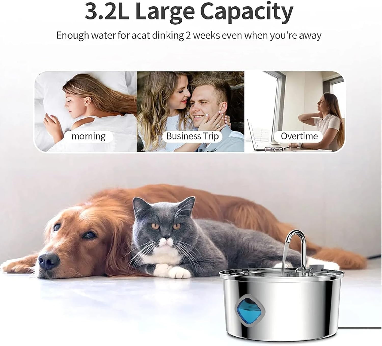 Dog Water Bowl, Automatic Pet Water Fountain for Cats/Dogs, Large Capacity Dog Water Fountain Stainless Steel, Silent Low-Noise Design, Easy to Clean