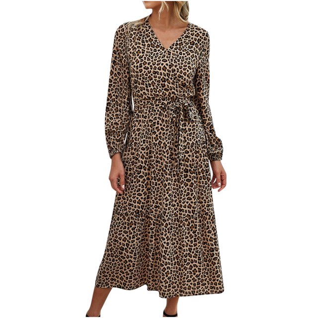Vestido Casual Con Cuello en V Manga Larga Vestido de Mujer Estampado Vestidos Largos Odeerbi ODB113727