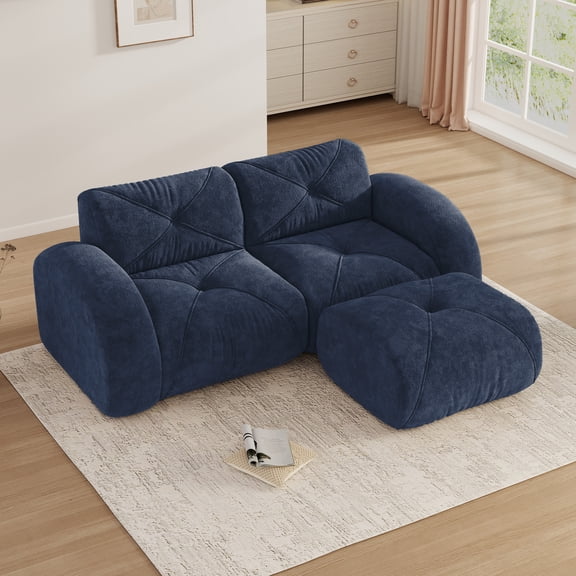 Aukfa Velvet Tufted Modular Sectional Sofa, 80" L-Shaped Boneless Couch with Ottoman for Living Room, Blue