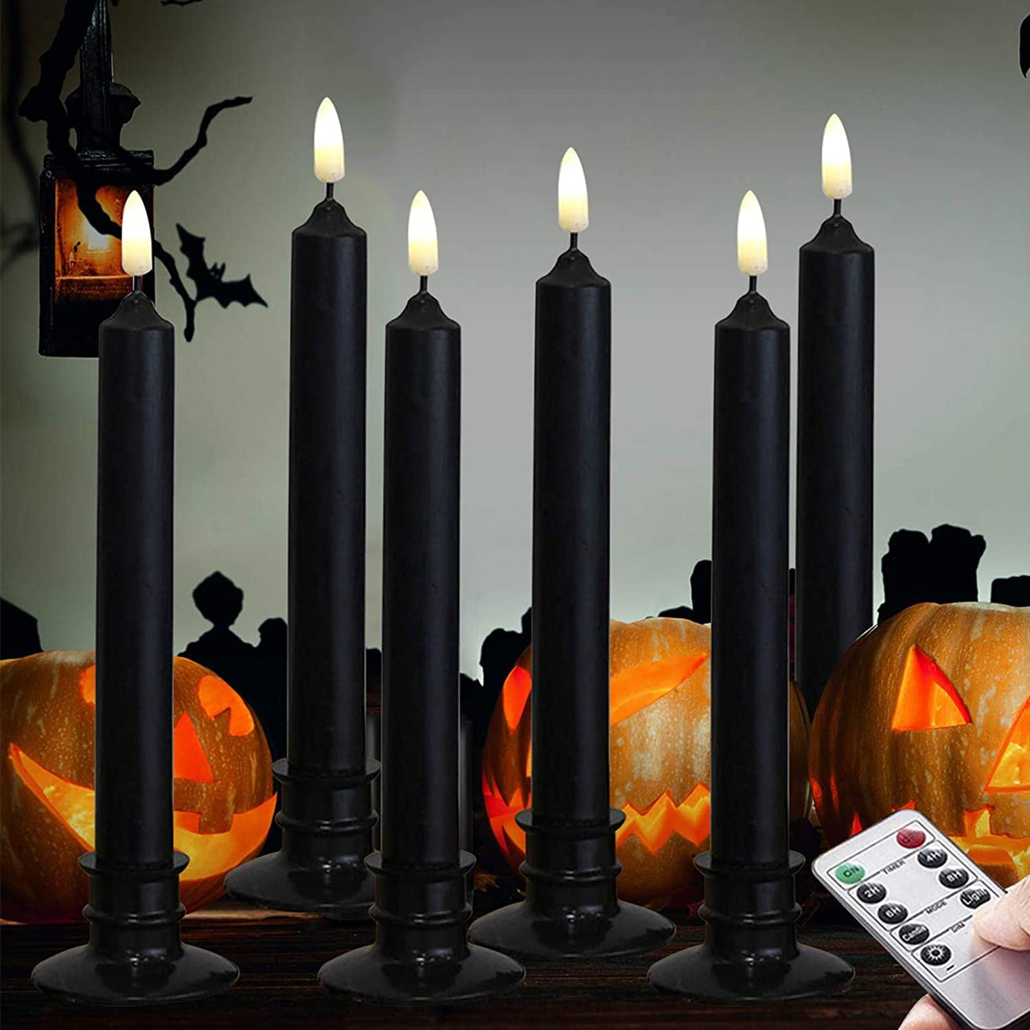 Remote Included Halloween 6PACK Black Wax Flameless Battery Powered Windows Candles with Remote and Timer & Candlestick Patented Removable Black Candleholders