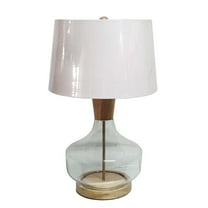 A&B Home Glass Table Lamp with Wood Accents and Drum Fabric Shade - Clear, Natural Finish - White Shade