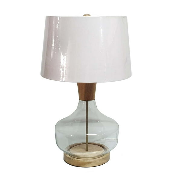 A&B Home Glass Table Lamp with Wood Accents and Drum Fabric Shade - Clear, Natural Finish - White Shade