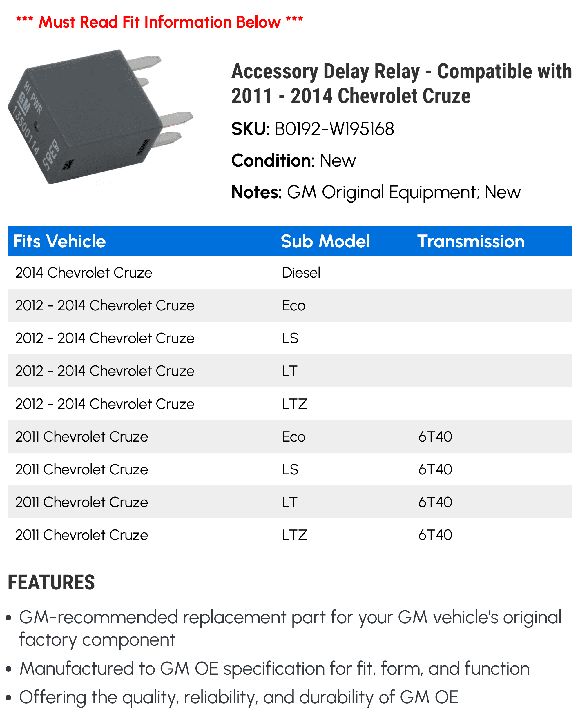 Accessory Delay Relay - Compatible with 2011 - 2014 Chevy Cruze 2012 2013