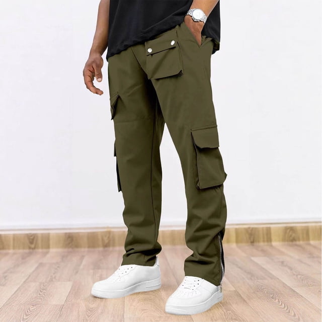 Ceisia Men Solid Color Fleece Multi Pocket Work Pants Loose Drawstring Gift Elastic Cuff Trousers