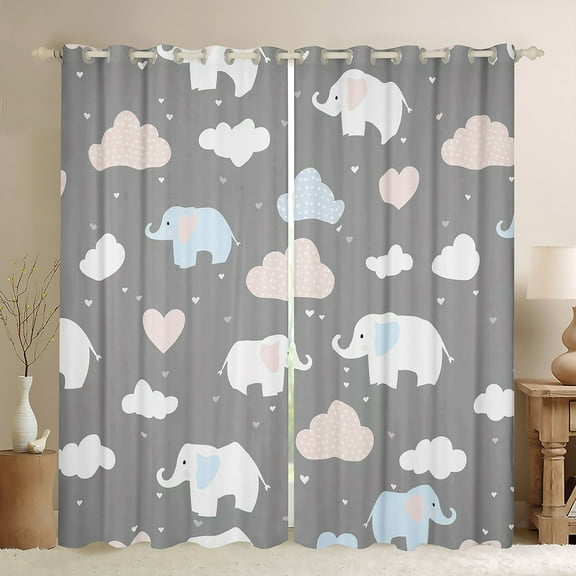 Manfei Child Cute Elephant Animal Curtains Pack of 2 (42x84 Each), Dreamy Cloud Curtains Blackout, Cartoon Love Heart Bedroom Curtains, Curtains Blackout Room Decor