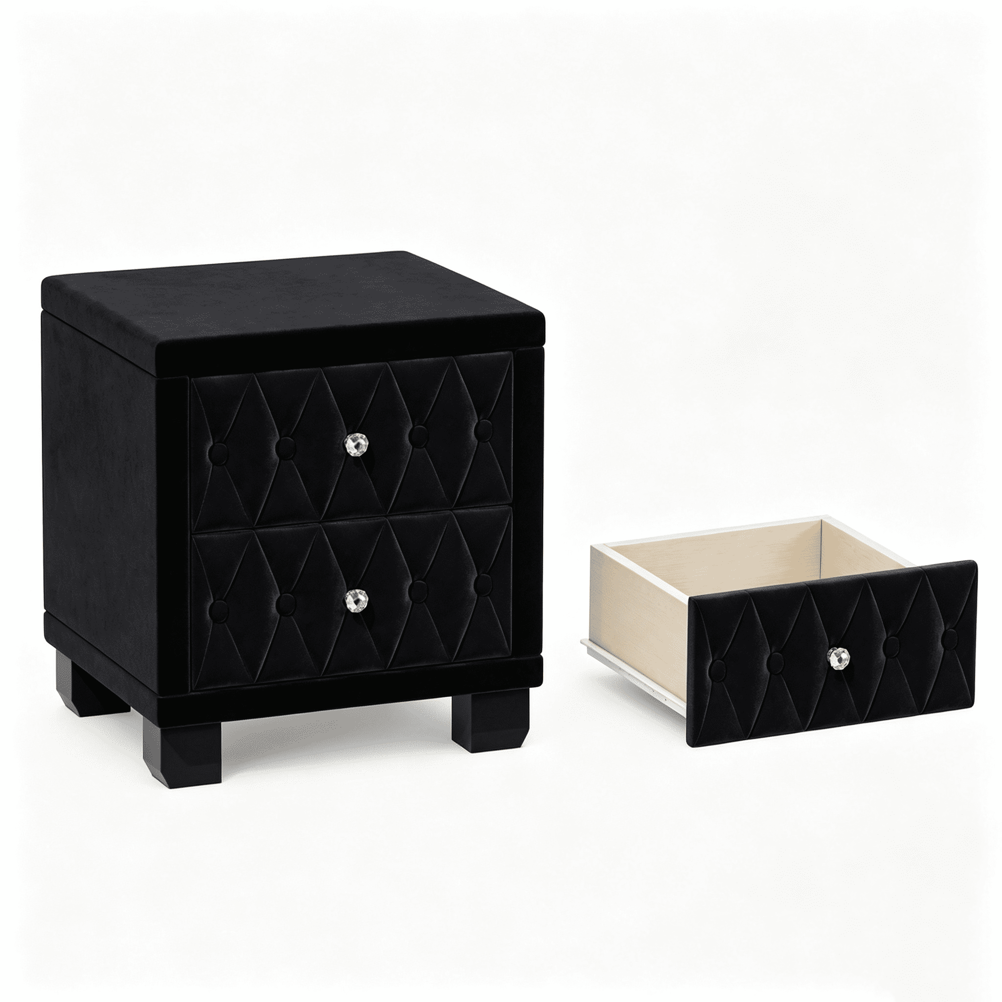 Aukfa Velvet 2-Drawer Nightstand with Crystal Knob Handles, Button-Tufted Bedside Table for Bedroom/Living Room,Black