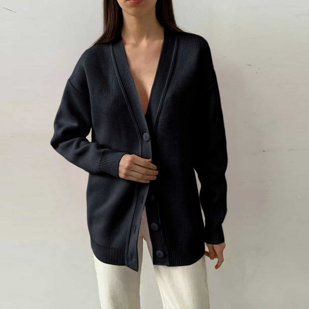 Chaqueta y abrigo informal de manga larga sin capucha para mujer, de color liso, con botones, cuello en V y manga larga, de punto