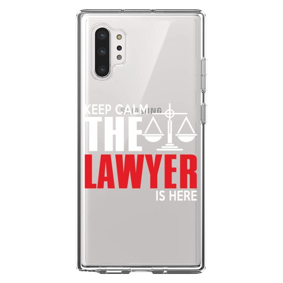 DistinctInk Clear Shockproof Hybrid Case for Galaxy Note 10 PLUS (6.8" Screen) - TPU Bumper Acrylic Back Tempered Glass Screen Protector - Keep Calm The Lawyer Is Here