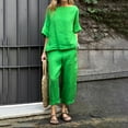 thumbnail image 6 of GILIGEGE Linen Sets for Women 2 Piece Summer Womens Summer Casual Solid Color Crewneck Top & Pants Cotton Linen Two Set Wide Leg Pants Tracksuit Lounge Matching Sets Green 3Xl, 6 of 7
