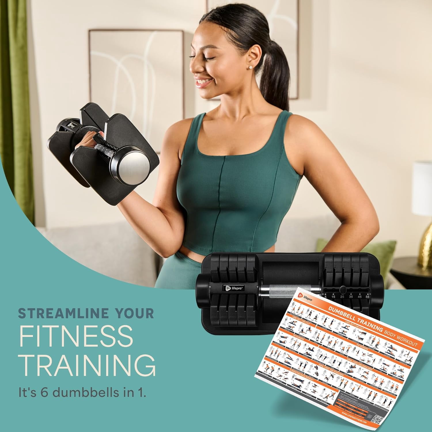 LifePro Adjustable Dumbbells Set – 5in1, 55lb Each Quick Adjust Hand Weights with Rack for Home Gym & Strength Training - Black