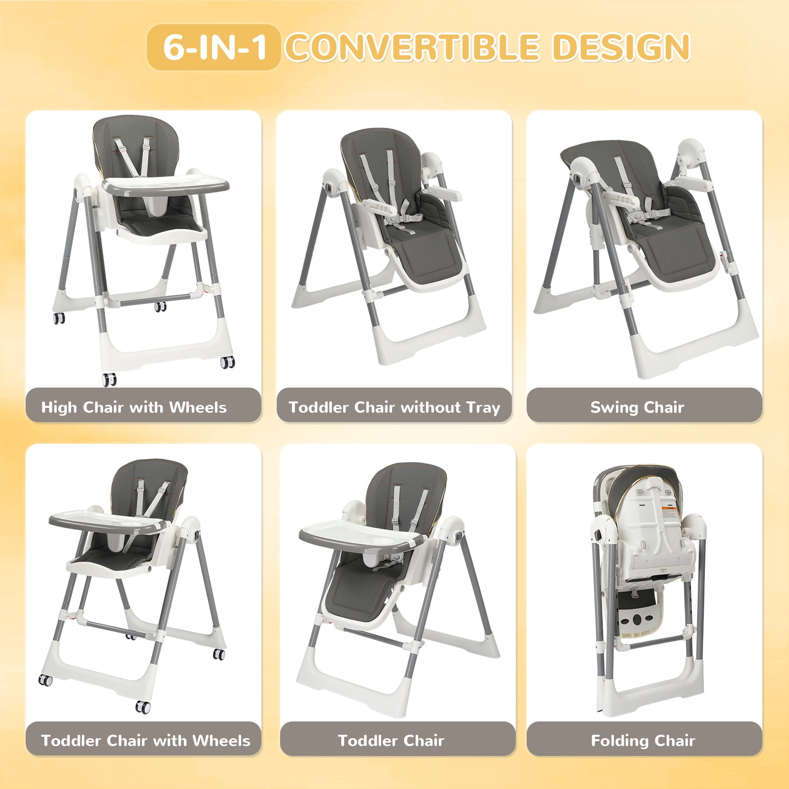 Ktaxon Baby High Chair, Convertible 6 in 1 Baby Highchair with Swing Function for Babies and Toddlers, with 5-Point Safety Harness, Adjustable Dining Tray, Backrest, Footrest & Height, Gray
