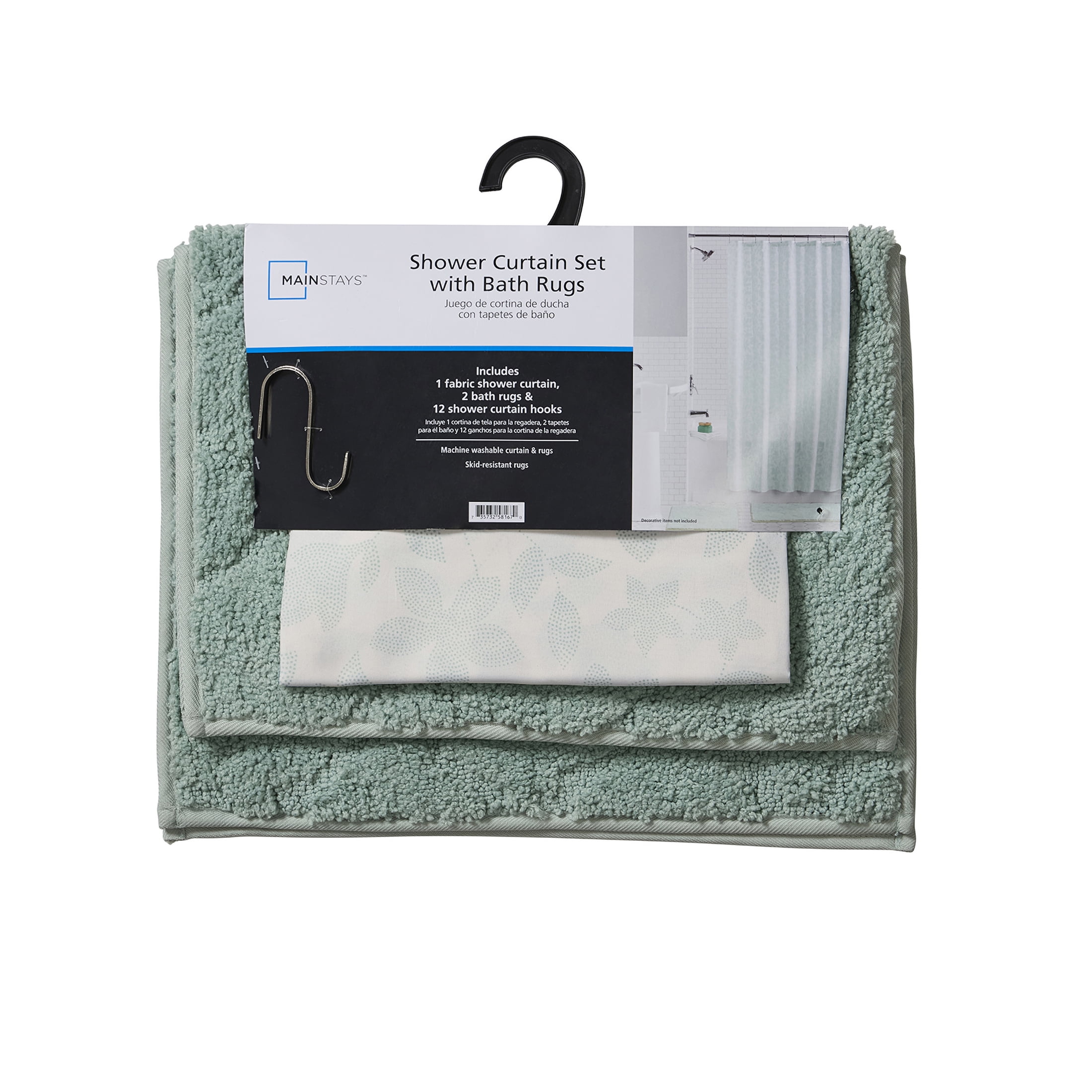 Mainstays 15-Piece Green Leaves Bathroom Set – Nature-Inspired Shower Curtain, Bath Rugs & Hooks, Washable Polyester