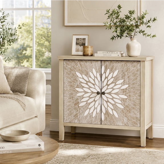LFGUIZO 31.5" Leaf Carved Bohemia Accent Sideboard Buffet Cabinet with 2 Doors and 1 Adjustable Shelf Pine Legs for Entryway Living Room Natural