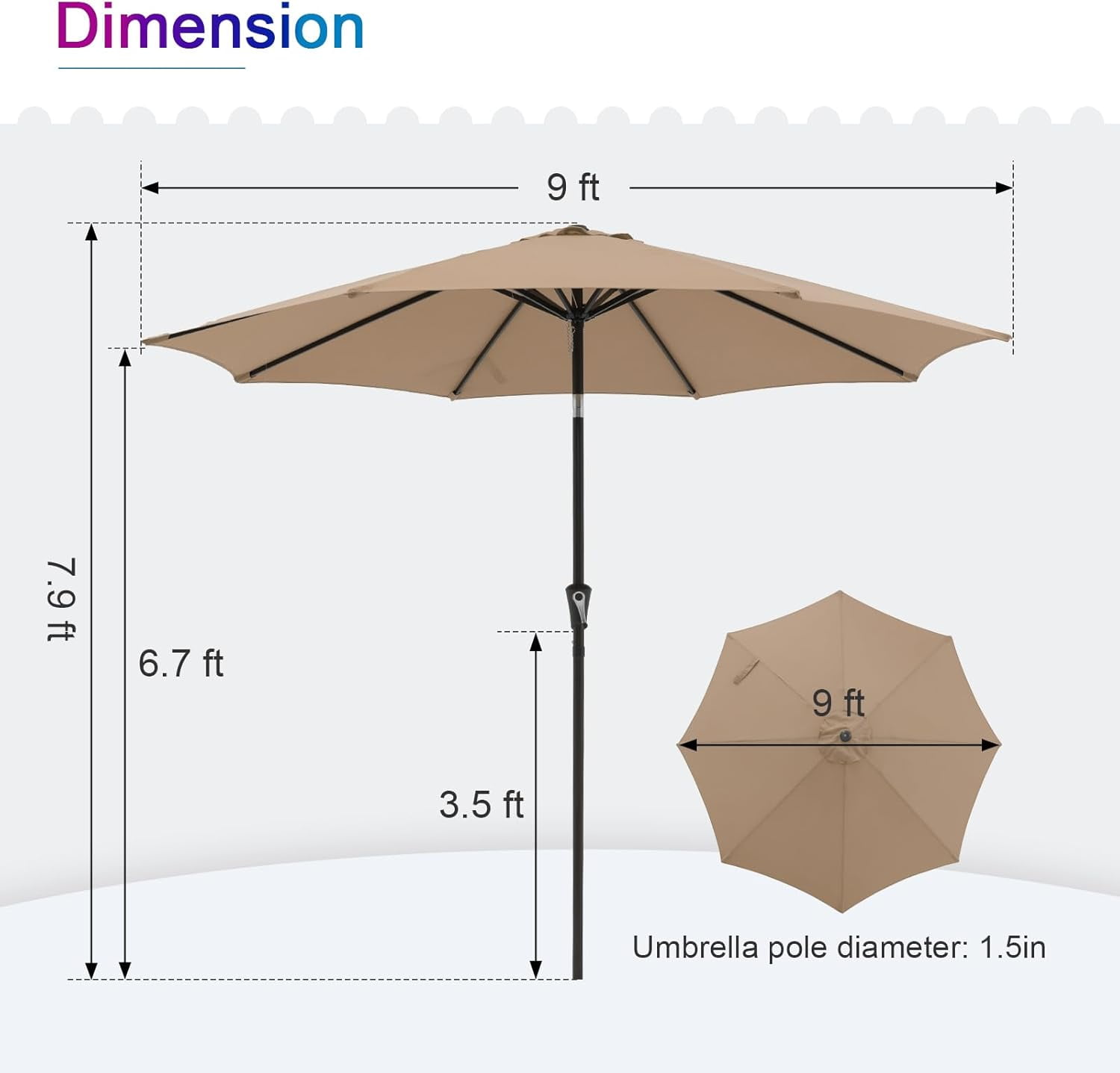 Simenmax 9ft Patio Umbrella, Outdoor Table Umbrella of 9-Feet with 8 Ribs and Push Button Tilt and Crank, Brown