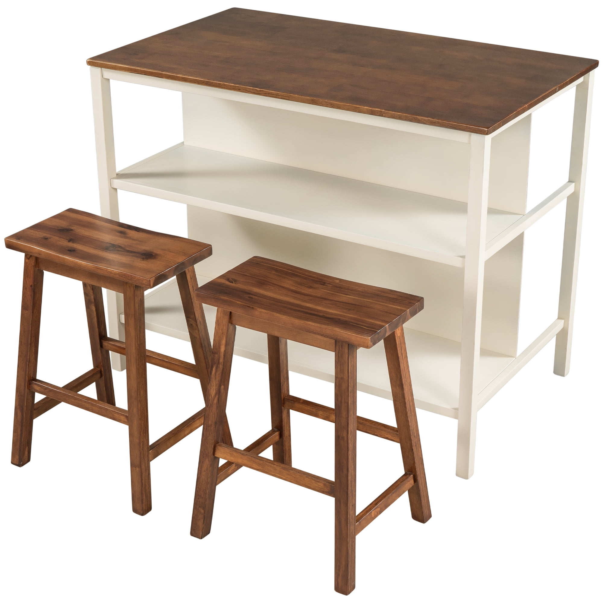 MAYEERTY Solid Wood 3-Piece Kitchen Island Set with 2 Stools & Storage Shelves, White