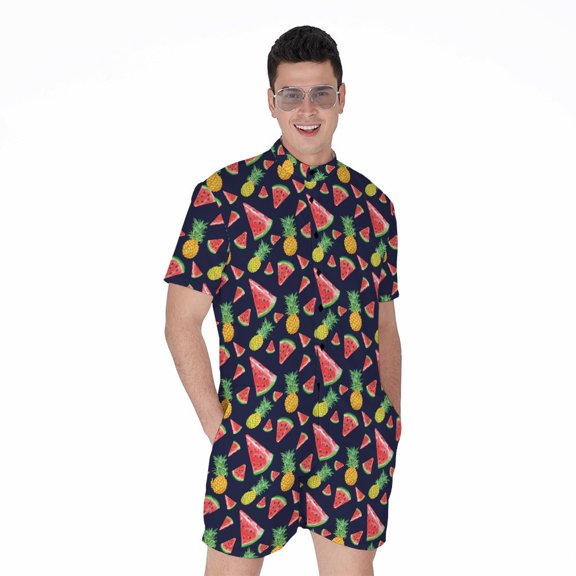 Watercolor Tropical Pattern Short Sleeve Men'S Rompers, Aloha Hawaiian Tropical Floral Plants Summer Casual Summer Jumpsuits Outfit