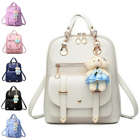 

PU Backpack School Bag Girls Shoulder Bag with Bear Pendant