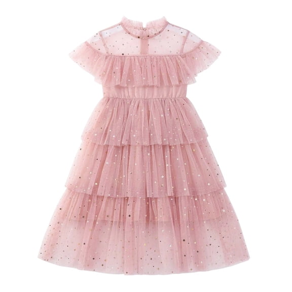 Hifoo Kids Toddler Girls Fly Sleeve Star Moon Sequin Dress O-Neck Dance Party Ruffles Dresses Lovely Solid Color Children Sundress For Play Birthday Casual