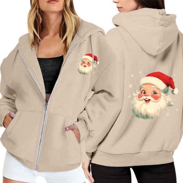 WILLBEST Sudadera de Mujer con Estampado Navideño, Cremallera, Manga Larga, Bolsillo, Cordón Ajustable y Capucha Informal XXX-Grande