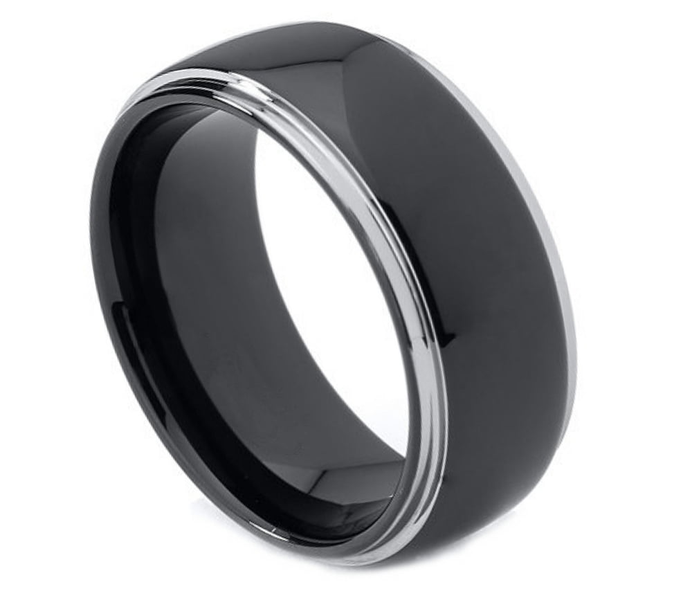 8mm Tungsten Carbide Black Enamel Center with Shiny Stepped Edge Wedding Band Ring For Men Or Ladies