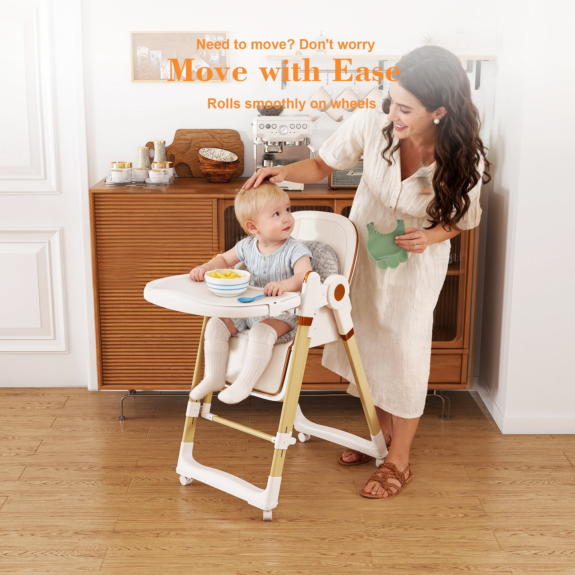 Jopath Convertible Baby High Chair with 5-Point Harness,Adjustable Portable Foldable Feeding Chair with Wheels & Removable 2-Tier Tray for Dining,White