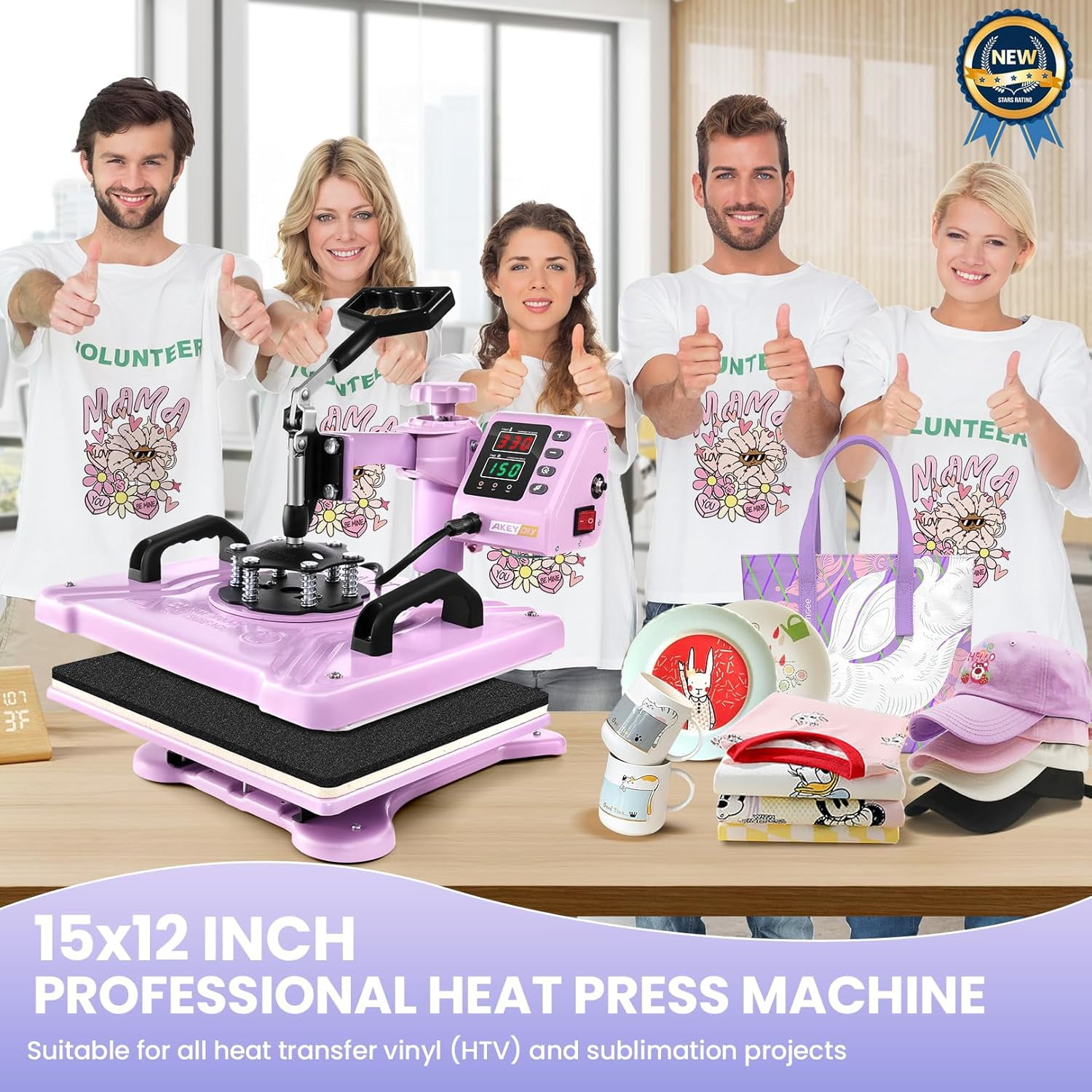 Adnoom 5 in 1 Heat Press Machine Combo,360°Swing Away Sublimation Heat Transfer 15"x12", Digital shirt Press Machine for Hat Cap Mug Plate,Pink Purple