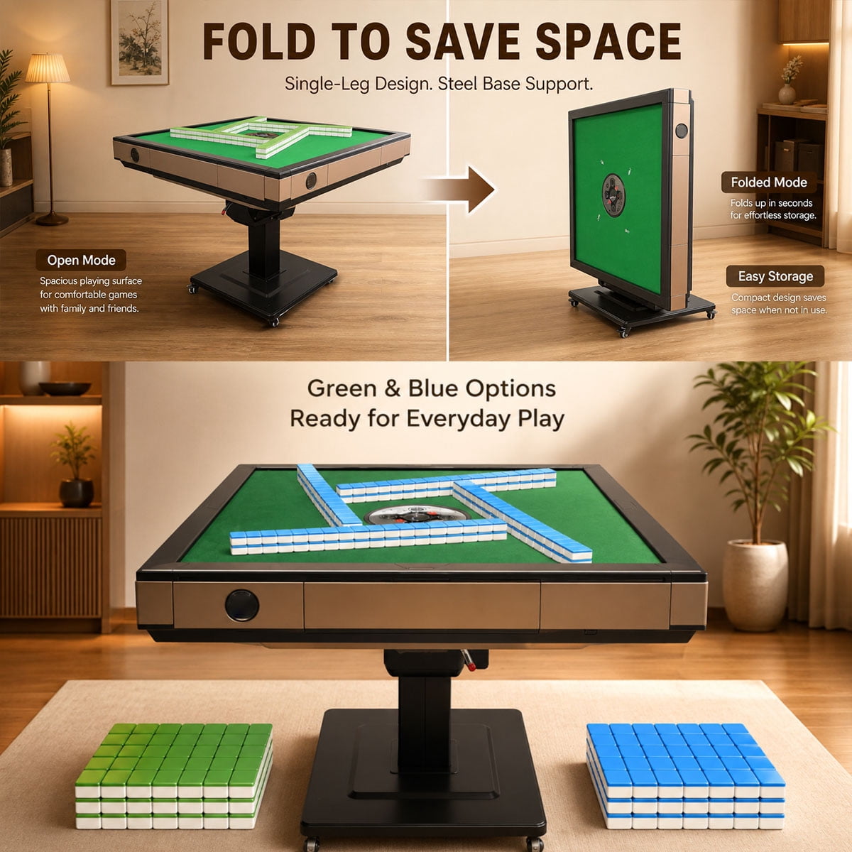 Automatic mahjong table Suitable for Americans, Filipinos, Chinese,Folding Electric Mahjong Table ，Two sets of 42mm mahjong tiles set， quiet shuffling, USB Charging（Easy to install）