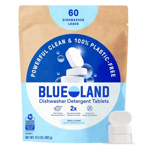 BLUELAND 100% Plastic-Free Dishwasher Detergent Tablets, 60 Count, Free & Clear, Eco-Friendly Dishwashing Pods, Natural, USDA Certified biobased
