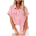 thumbnail image 2 of Lovskoo Cotton Linen Summer Tops for Women 2024 Button Down Collared Short Sleeve Solid Color Loose Blouse Casual Work Tunic Tops with Pocket Pink, 2 of 9