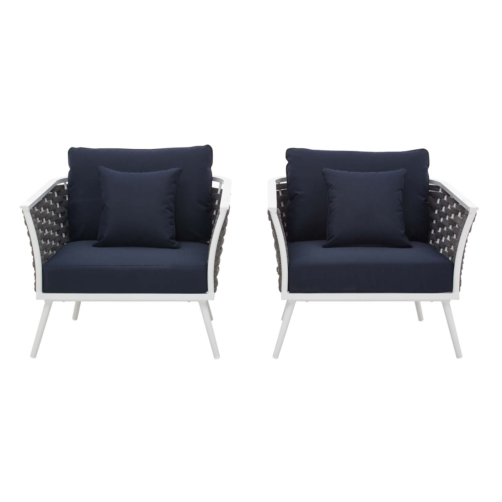 Modern Contemporary Urban Design Outdoor Patio Balcony Garden Furniture Lounge Chair Armchair, Set of Two, Fabric Aluminium, White Navy - image 4 of 6