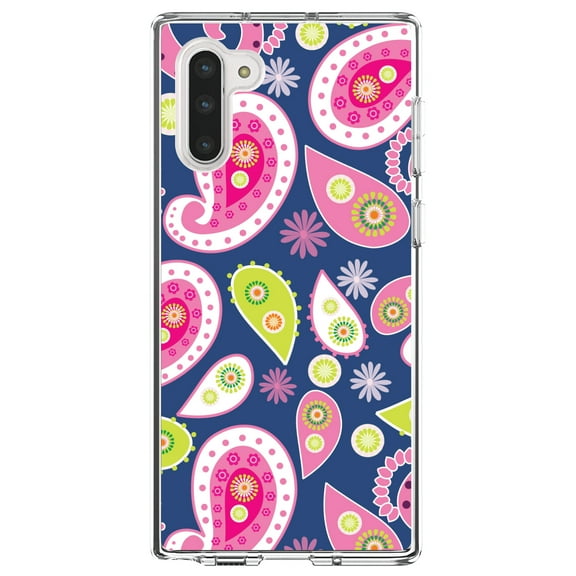 DistinctInk Clear Shockproof Hybrid Case for Samsung Galaxy Note 10 (6.3" Screen) - TPU Bumper, Acrylic Back, Tempered Glass Screen Protector - Pink Green Navy Paisley