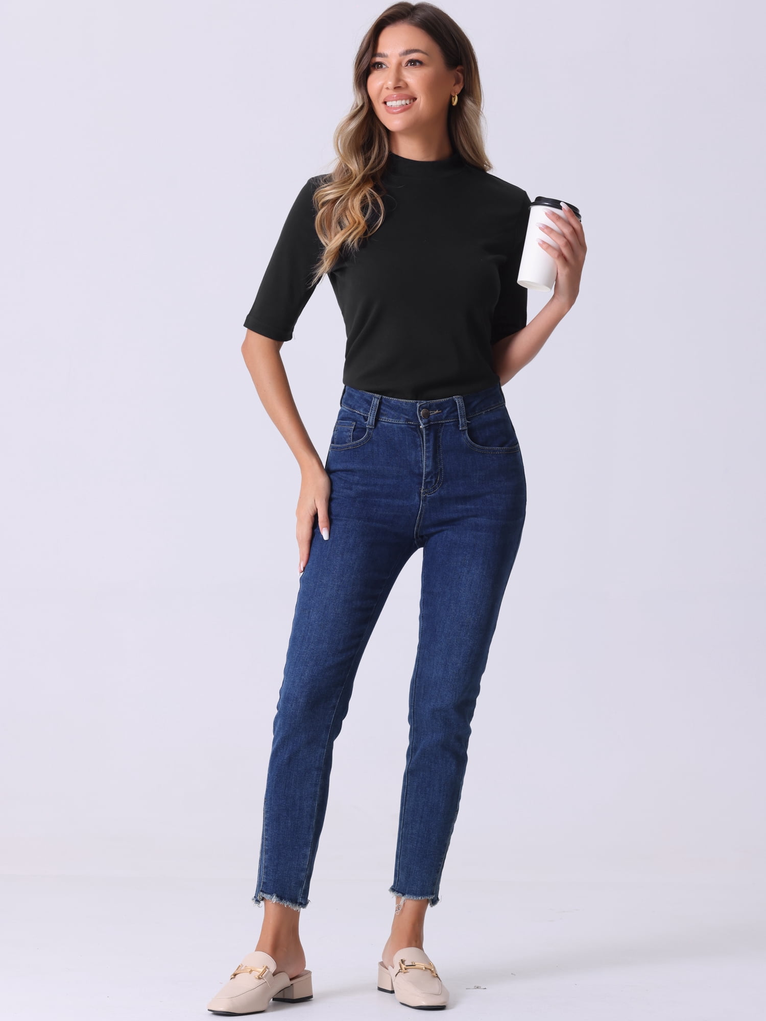 DARING DIVA Women's Half Sleeve Mock Turtleneck Casual Top XL Black