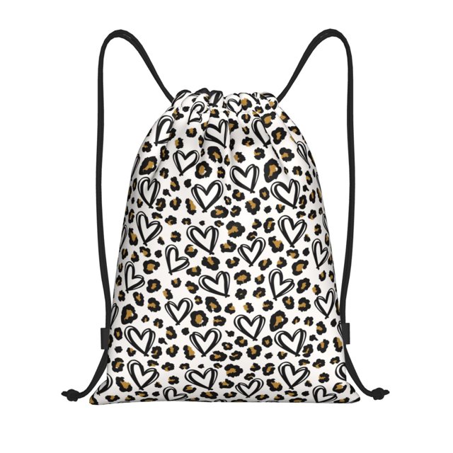 Fotbe Heart Leopard Bolsa Mochila con Cordón Estampada, Bolsa de Gimnasio Deportiva, Bolsa Cinch, Bolsa con Cordón para Hombres y Mujeres-Small
