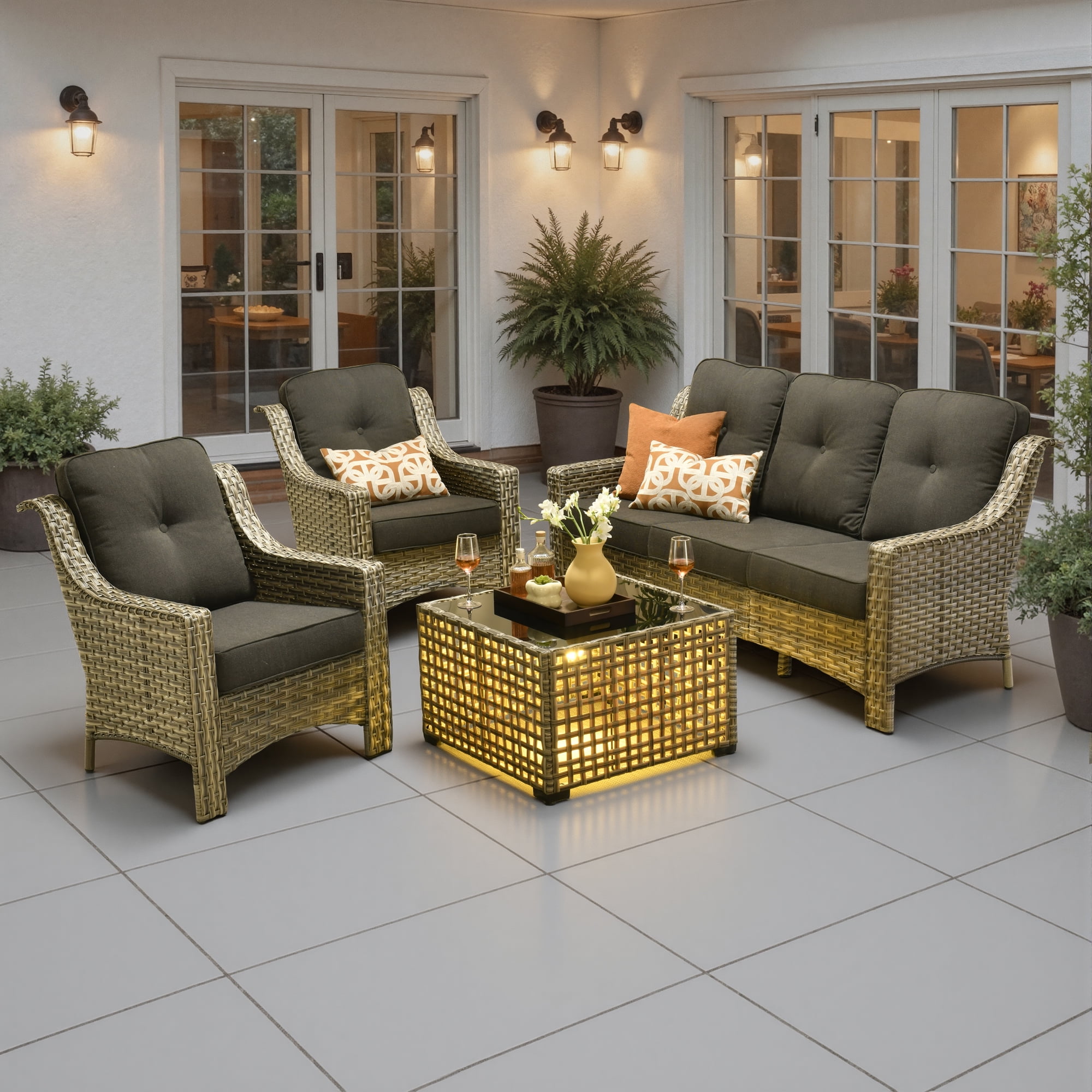 Ovios 4 Pieces Outdoor Furniture Set High Back All-Weather Wicker Patio Conversation Set with Solar Light Coffee Table, Black