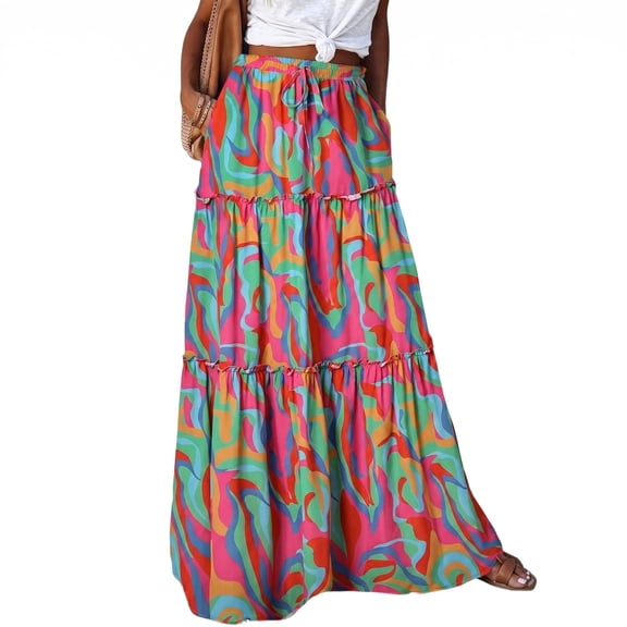 Whoinshop Womens Boho Maxi Skirt 2026 Summer Cruise Casual High Waist Tie Flowy Long Skirt with Pockets For Beach Vacation