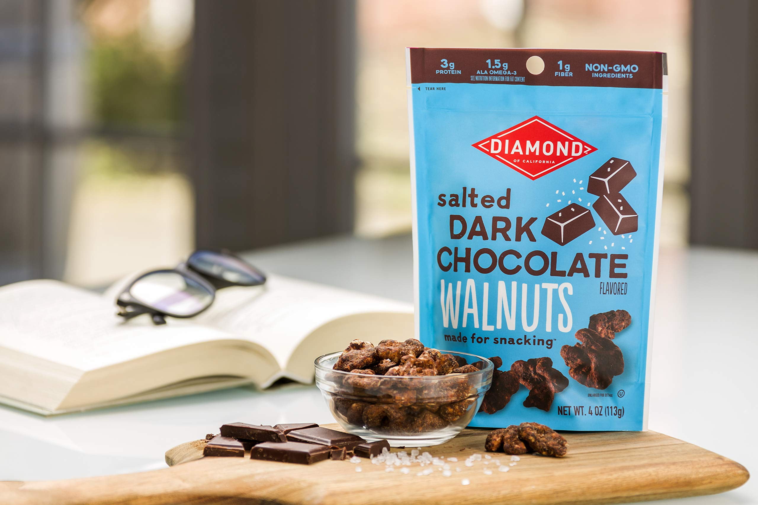 Diamond, Salted Dark Chocolate Walnuts, Crunchy, 4 oz Shelf Stable Plastic Pouch