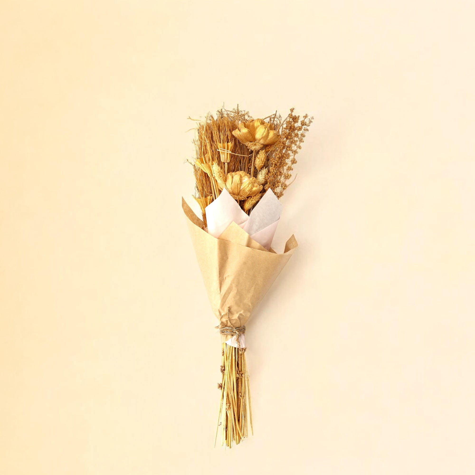 Rustic Dried Flower Bouquet in Kraft Paper Wrap – Handmade Golden Wheat & Bloom Arrangement for Home Decor & Gifting