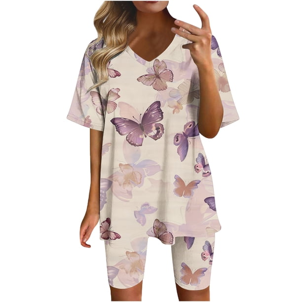 Blusas para las Mujeres Casual Impreso Cuello en V Manga Corta Blusa Pantalones Cortos, Conjuntos de Ropa para las Mujeres