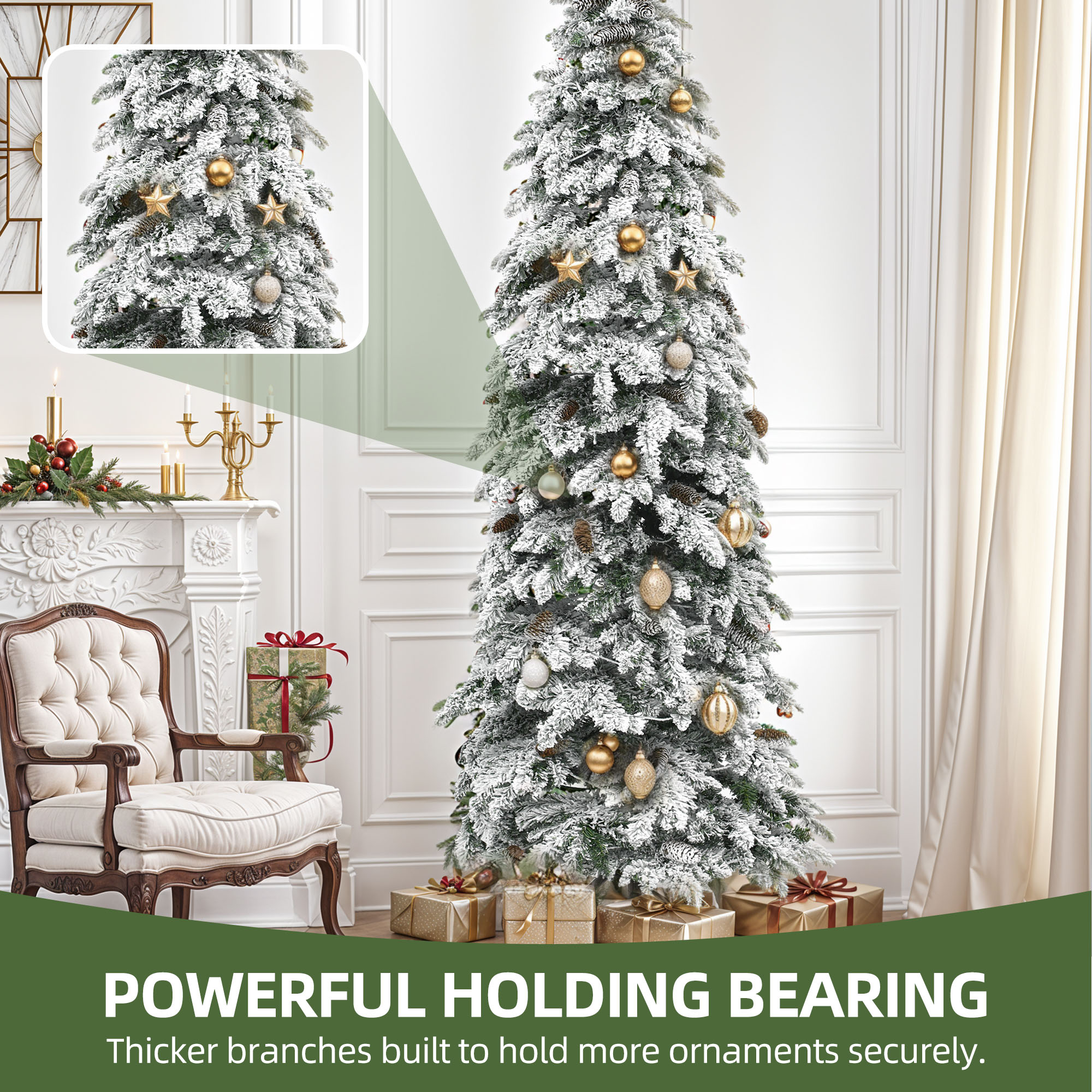 Uforic 11ft Pre-lit Flocked Pencil Spruce Christmas Tree with 2288 Branch Tips,700 Lights,72 Pine cones, Remote Control, 11 Light Modes, White Flocked