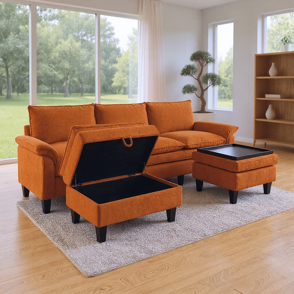Gewnee Corduroy Fabric Modular Sofa Upholstered Modern Sofa, 3 Seater Comfy Couch With Tea Table Storage Ottoman for Bedroom and Living Room, Apartment, Bedroom, Dorm, Office,