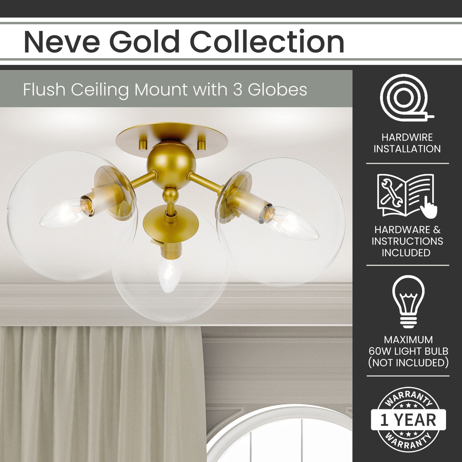 Hanover Neve Gold Metal Pendant Light with 3 Clear Glass Globes | Flush Mounted Ceiling Light Fixture for Living Room, Bedroom, Hallway, Stairwell, Entryway, Kitchen | Hardwired
